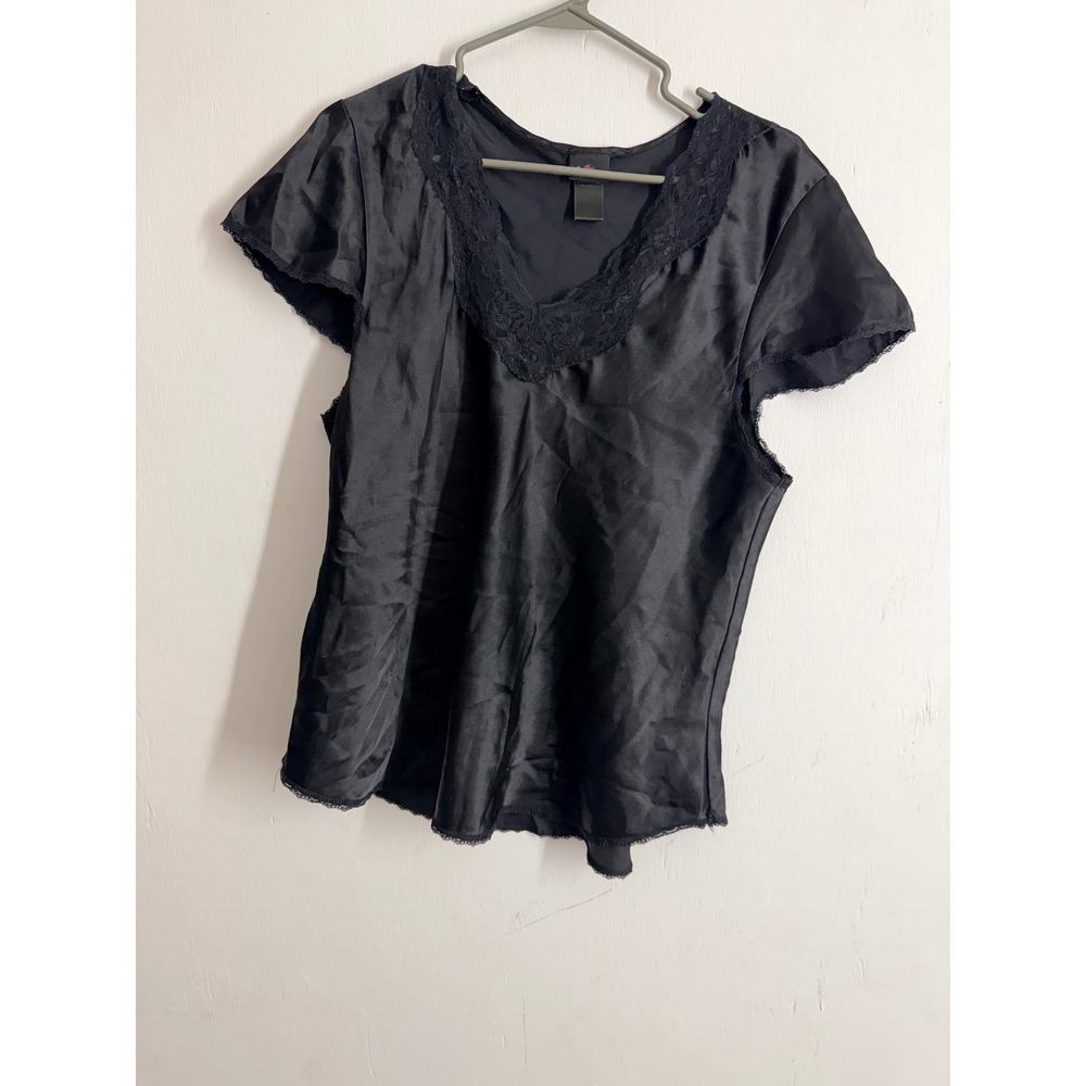 Secret Treasures Black Satin Pajama Top Lace V-Neck Short Sleeve Sleep Shirt L